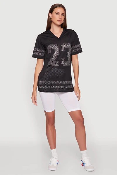 Womens Rhinestone Graphic Short Sleeve Jersey Top, Black, Size M