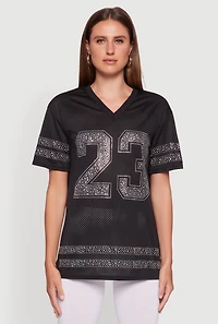 Womens Rhinestone Graphic Short Sleeve Jersey Top,