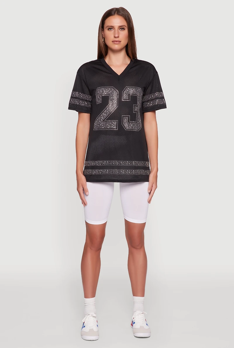 Womens Rhinestone Graphic Short Sleeve Jersey Top,