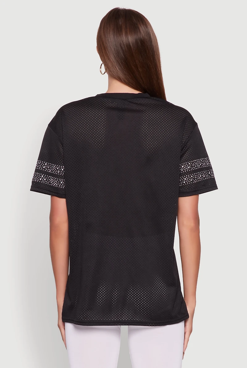 Womens Rhinestone Graphic Short Sleeve Jersey Top,