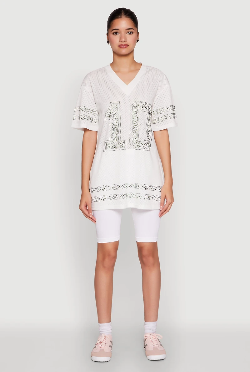 Womens Rhinestone Graphic Short Sleeve Jersey Top, White, Size S