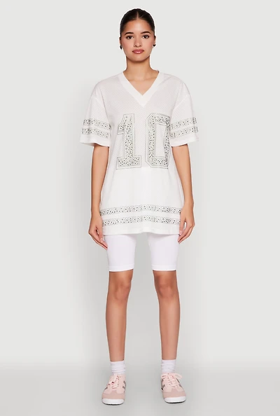 Womens Rhinestone Graphic Short Sleeve Jersey Top, White, Size S