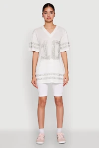 Womens Rhinestone Graphic Short Sleeve Jersey Top, White, Size S