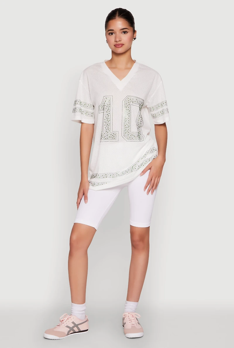 Womens Rhinestone Graphic Short Sleeve Jersey Top, White, Size S