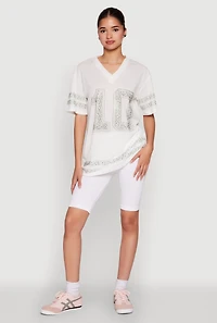 Womens Rhinestone Graphic Short Sleeve Jersey Top, White, Size S