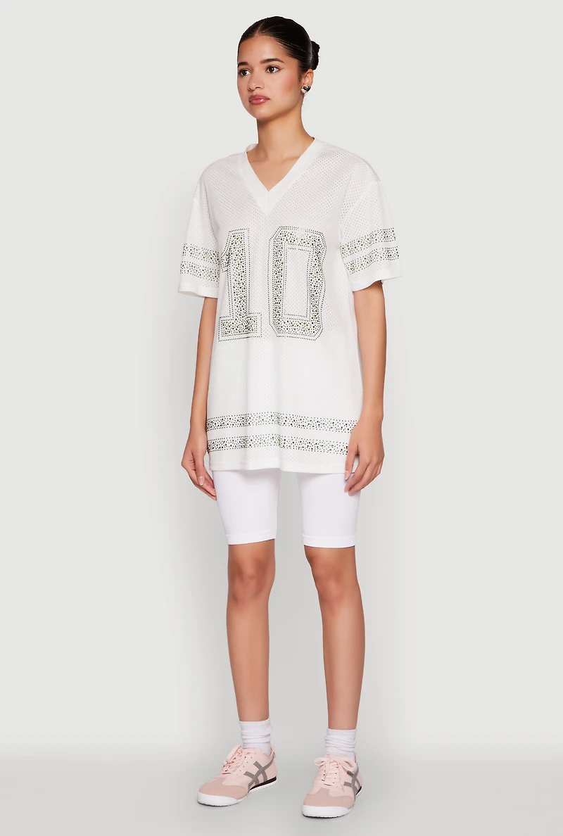 Womens Rhinestone Graphic Short Sleeve Jersey Top, White, Size S
