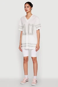 Womens Rhinestone Graphic Short Sleeve Jersey Top, White, Size S