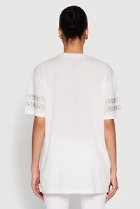 Womens Rhinestone Graphic Short Sleeve Jersey Top, White, Size S