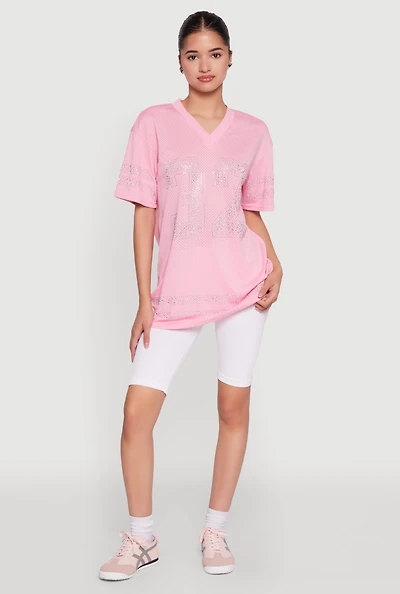 Womens Rhinestone Graphic Short Sleeve Jersey Top, Pink, Size M