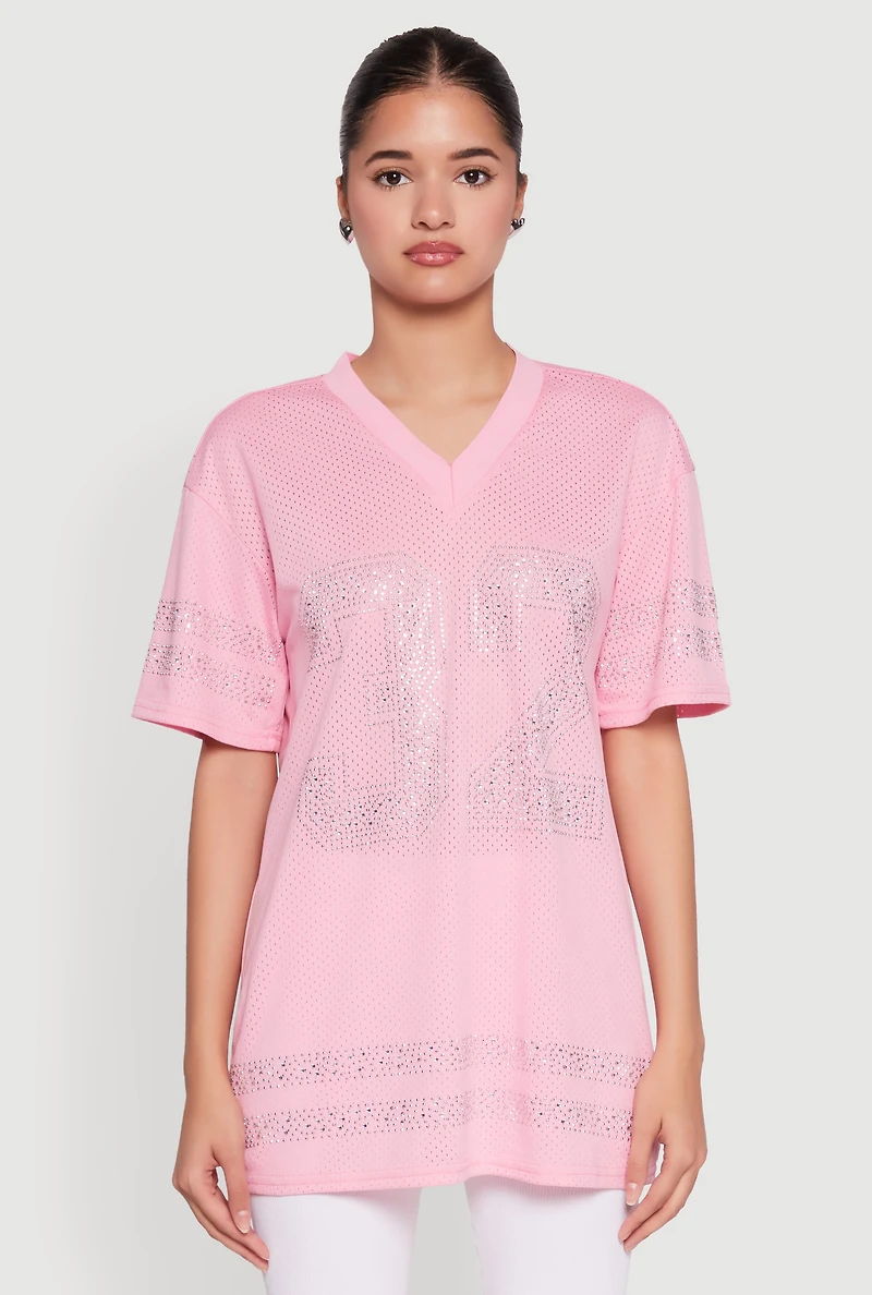 Womens Rhinestone Graphic Short Sleeve Jersey Top, M