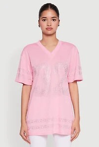 Womens Rhinestone Graphic Short Sleeve Jersey Top, M