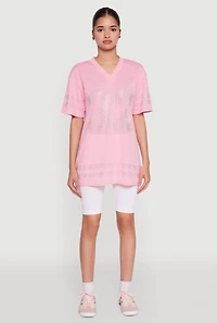 Womens Rhinestone Graphic Short Sleeve Jersey Top, M