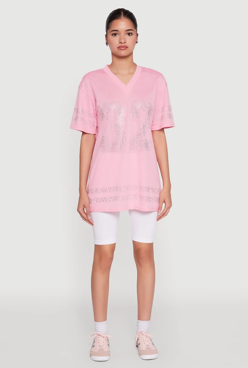 Womens Rhinestone Graphic Short Sleeve Jersey Top, Pink, Size L