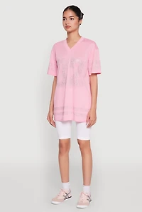 Womens Rhinestone Graphic Short Sleeve Jersey Top, Pink, Size S