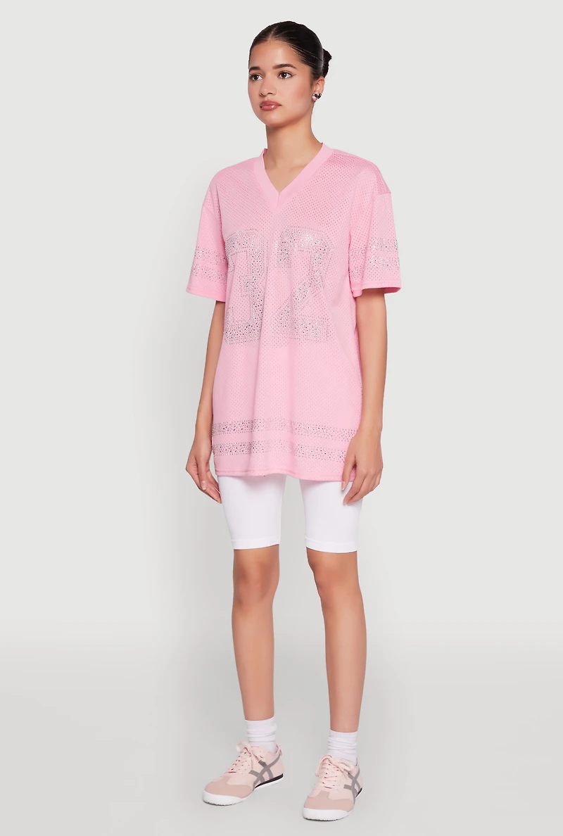 Womens Rhinestone Graphic Short Sleeve Jersey Top, Pink, Size L