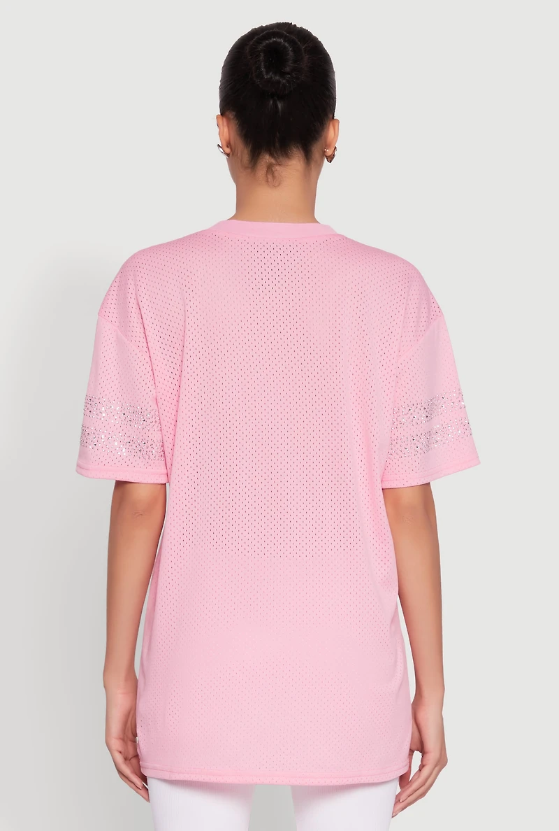 Womens Rhinestone Graphic Short Sleeve Jersey Top, M