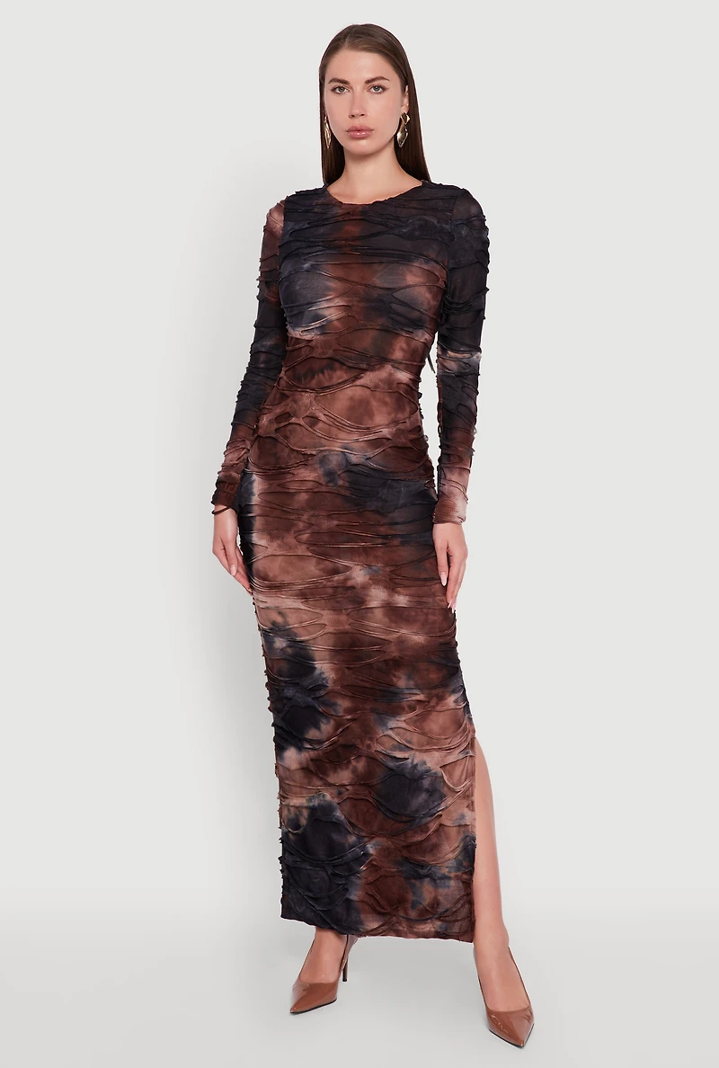 Womens Tie Dye Slashed Side Slit Maxi Dress, Brown,