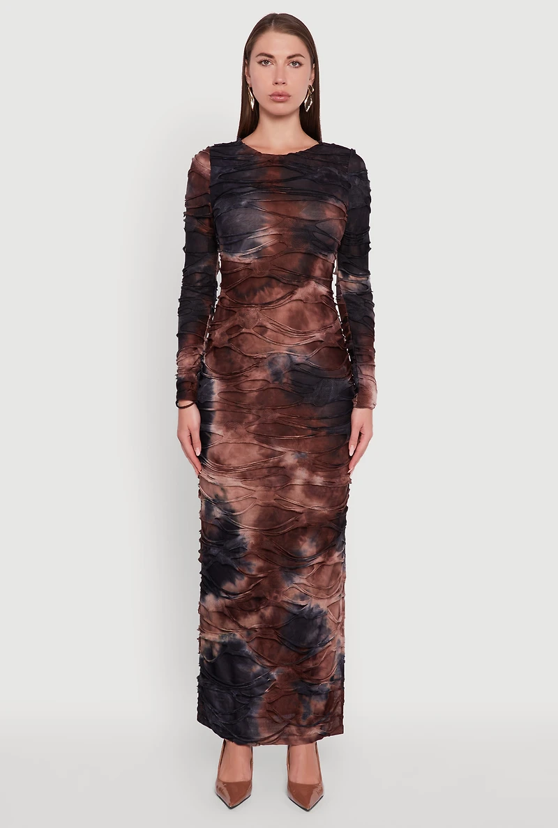 Womens Tie Dye Slashed Side Slit Maxi Dress, Brown,