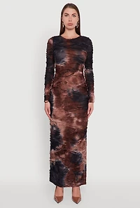 Womens Tie Dye Slashed Side Slit Maxi Dress, Brown,