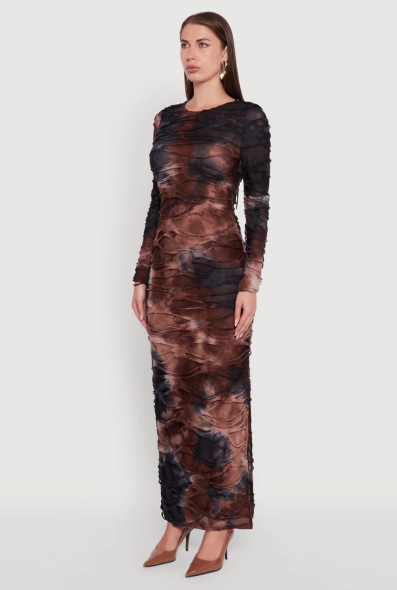 Womens Tie Dye Slashed Side Slit Maxi Dress, Brown, Size S