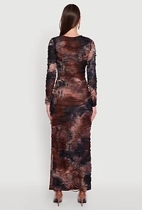 Womens Tie Dye Slashed Side Slit Maxi Dress, Brown,