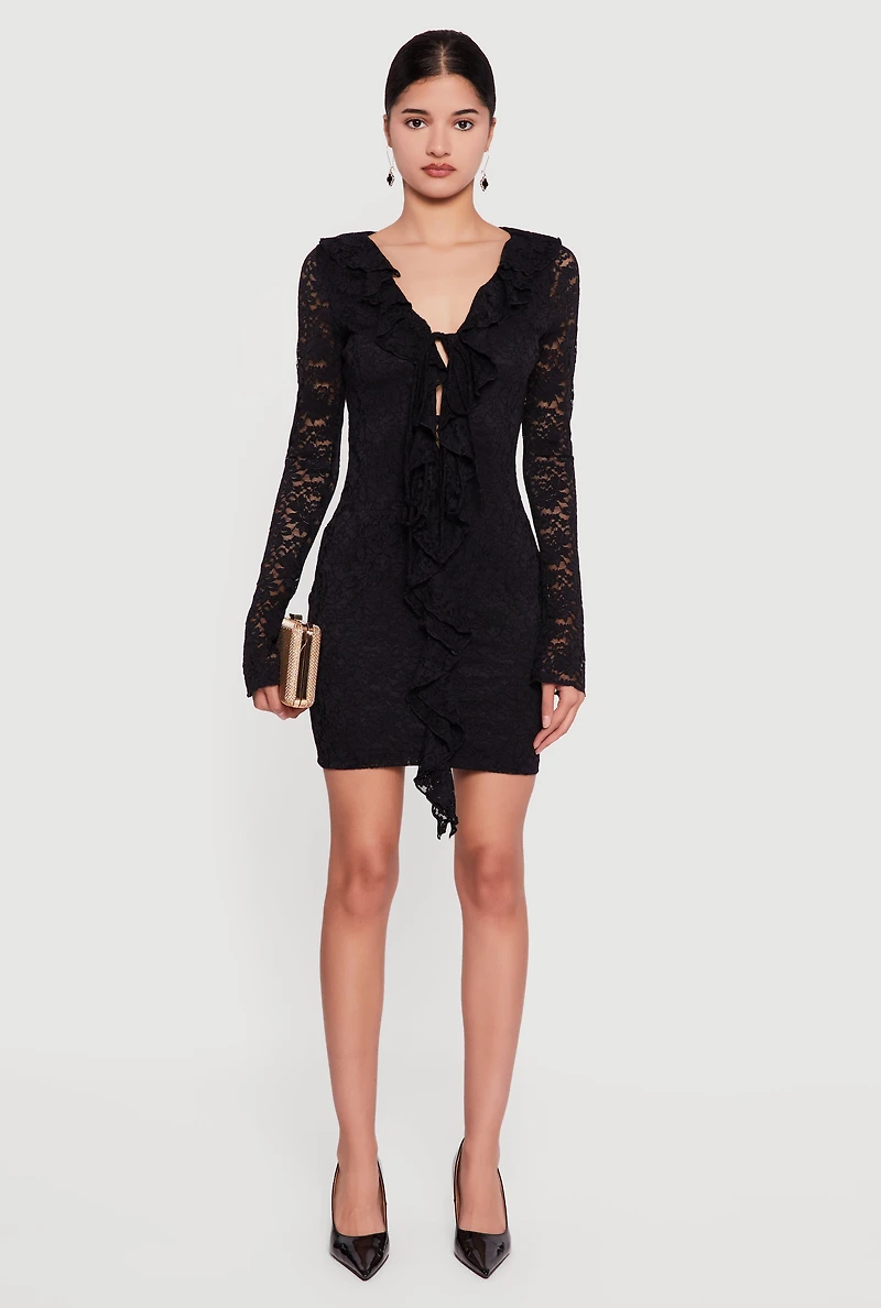 Tie Front Keyhole Detail Lace Mini Dress
