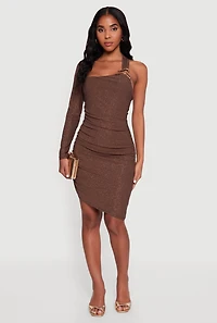 Glitter One Shoulder Halter Dress with Metallic Detail