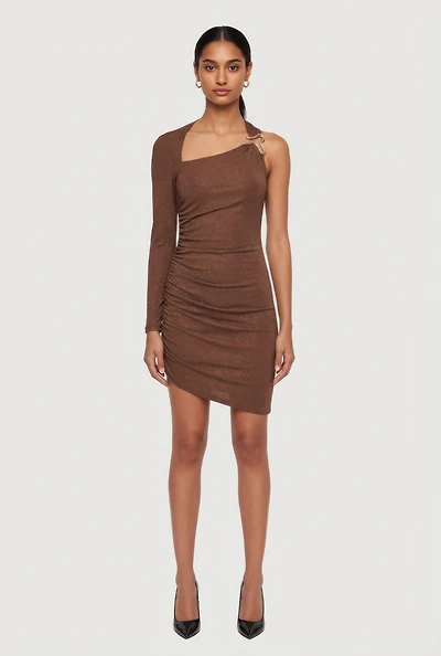 Glitter One Shoulder Halter Dress with Metallic Detail