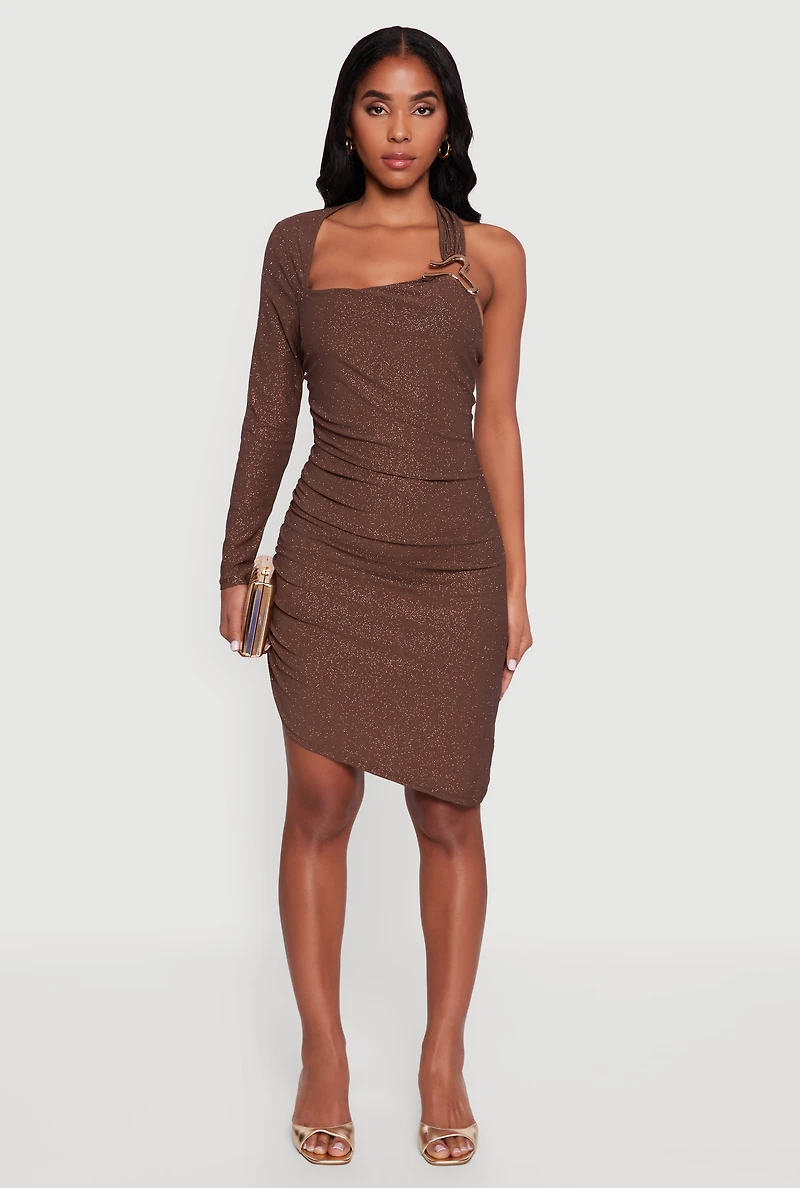 Glitter One Shoulder Halter Dress with Metallic Detail