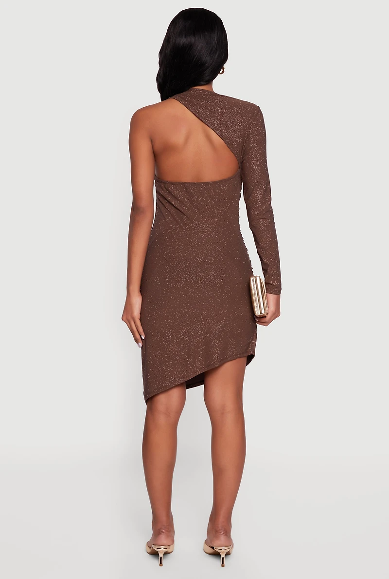 Glitter One Shoulder Halter Dress with Metallic Detail