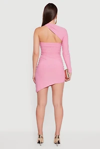 Womens Glitter One Shoulder Halter Dress with Metallic Detail, Pink, Size M