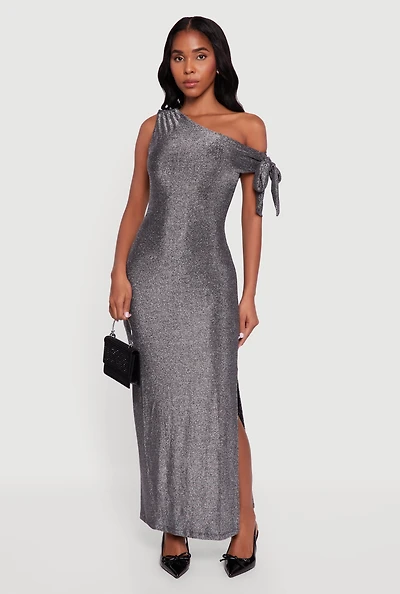 Womens Lurex One Shoulder Side Slit Maxi Dress, Grey, Size XL