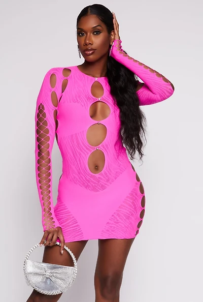 Womens Seamless Rhinestone Cut Out Mini Dress, Pink
