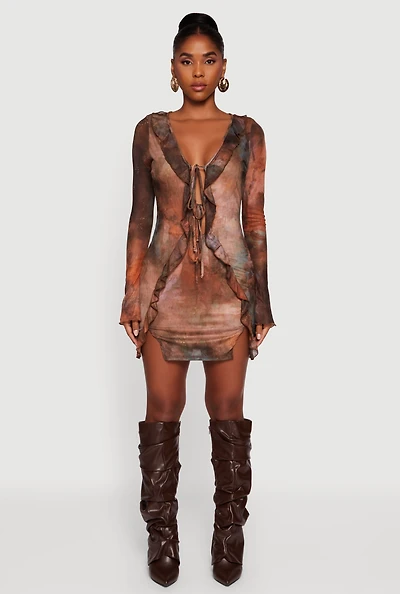 Womens Ruffle Mesh Tie Front Bodycon Dress, Brown, Size L