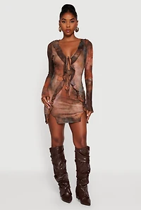 Womens Ruffle Mesh Tie Front Bodycon Dress,