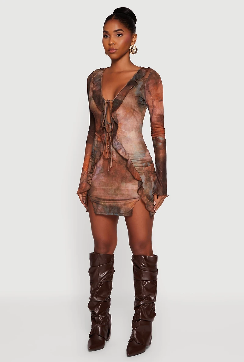 Womens Ruffle Mesh Tie Front Bodycon Dress,