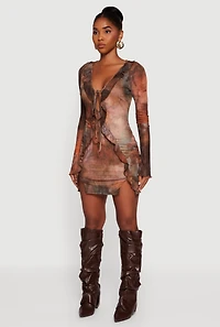 Womens Ruffle Mesh Tie Front Bodycon Dress,