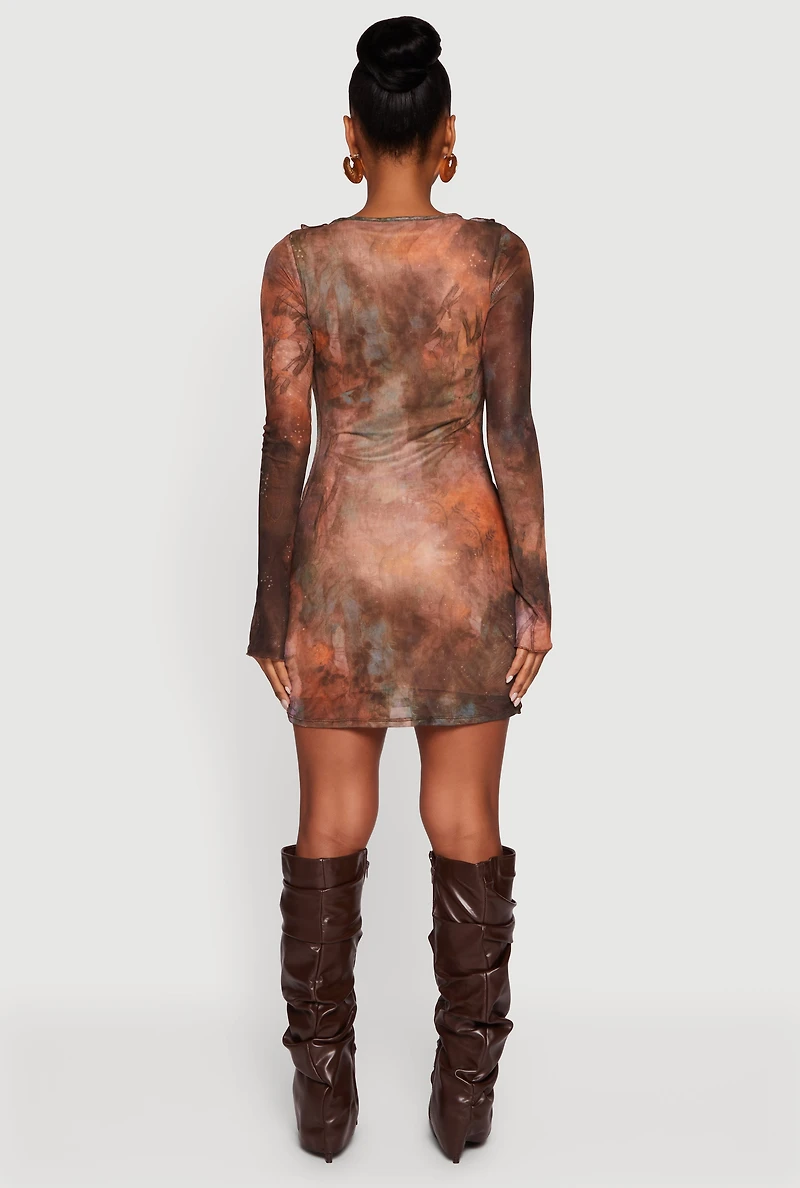 Womens Ruffle Mesh Tie Front Bodycon Dress, Brown, Size M