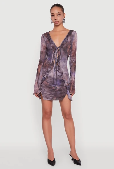 Womens Ruffle Mesh Tie Front Bodycon Dress, Purple, Size XL