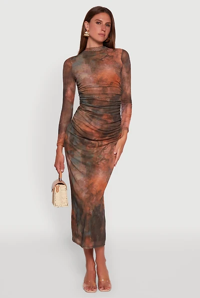 Womens Printed Patterned Long Sleeve Side Ruched Mesh Midi Dress, Multi, Size S