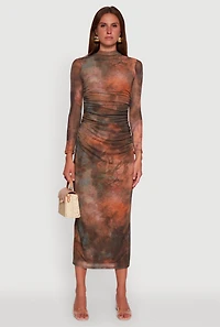 Womens Printed Patterned Long Sleeve Side Ruched Mesh Midi Dress, M