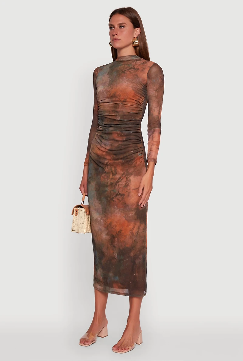 Womens Printed Patterned Long Sleeve Side Ruched Mesh Midi Dress, M
