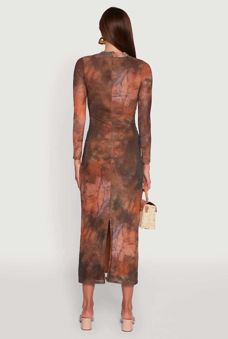 Womens Printed Patterned Long Sleeve Side Ruched Mesh Midi Dress, M