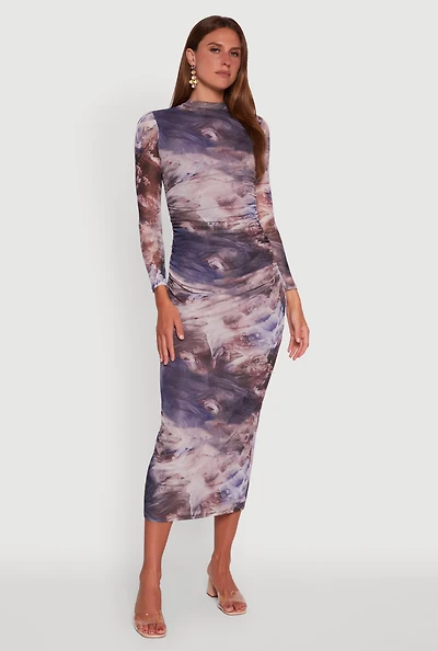 Printed Patterned Long Sleeve Side Ruched Mesh Midi Dress
