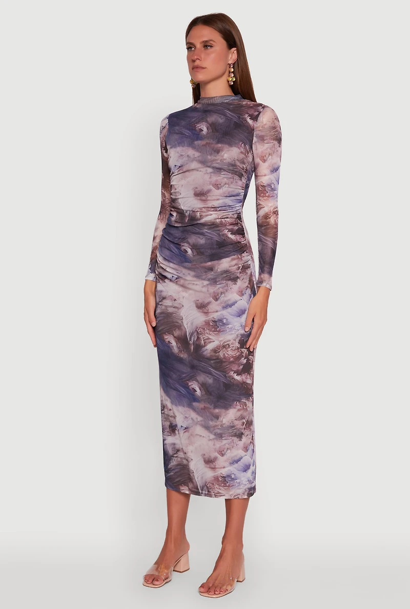 Printed Patterned Long Sleeve Side Ruched Mesh Midi Dress