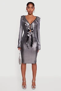 Womens Long Sleeve Foil Screen Ruffle Detail Midi Dress, Grey, Size S