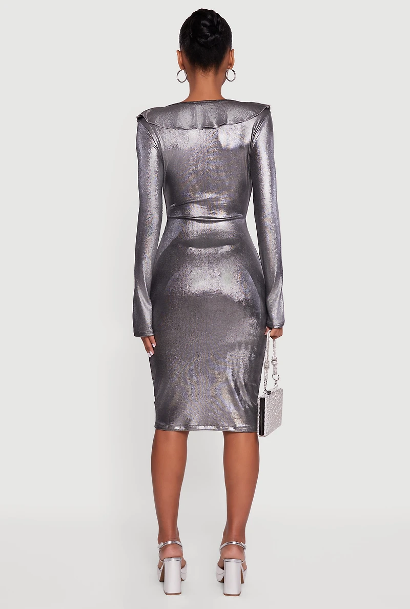Womens Long Sleeve Foil Screen Ruffle Detail Midi Dress, Grey, Size S