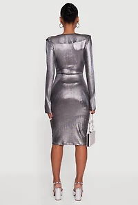 Womens Long Sleeve Foil Screen Ruffle Detail Midi Dress, Grey, Size S