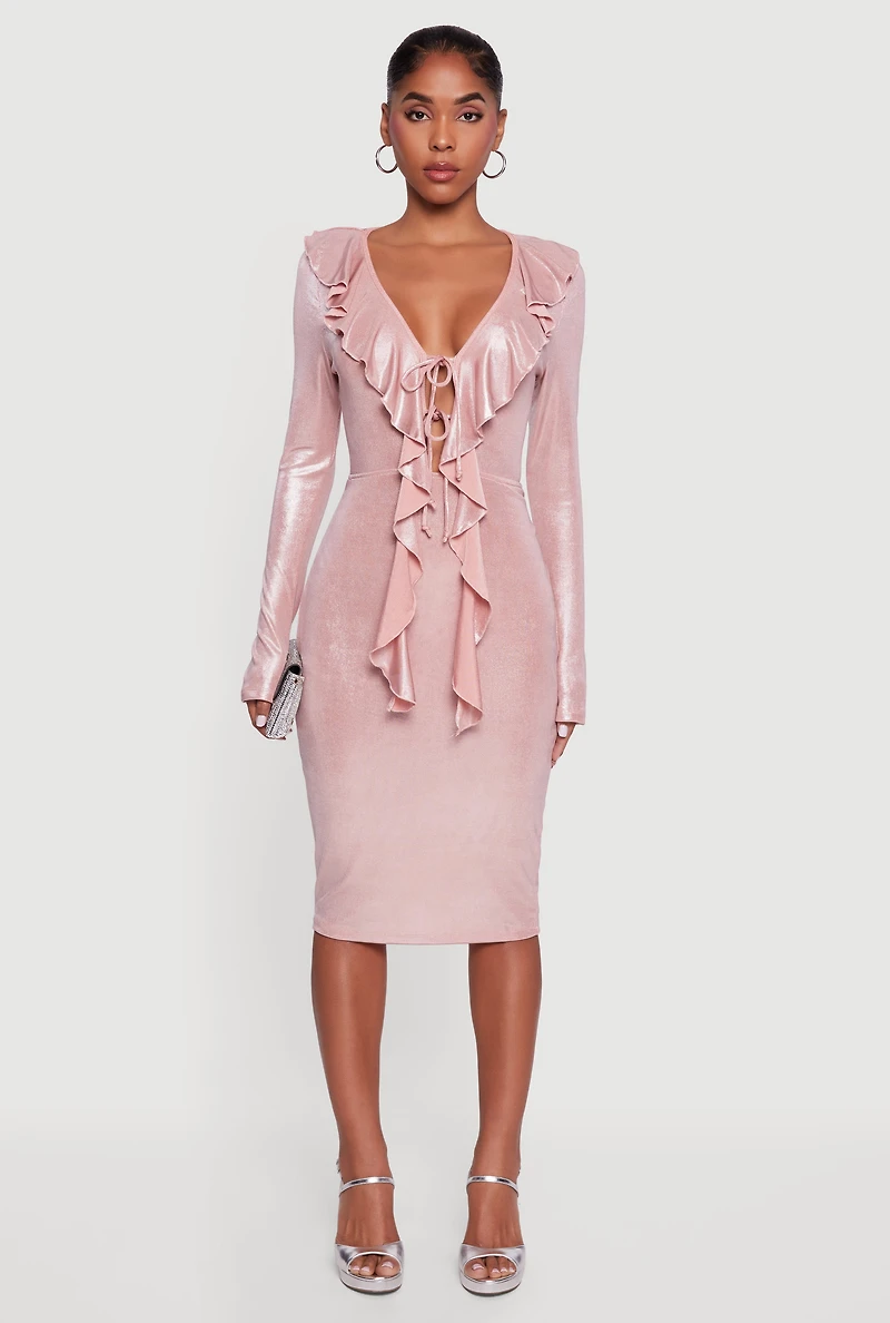 Long Sleeve Foil Screen Ruffle Detail Midi Dress