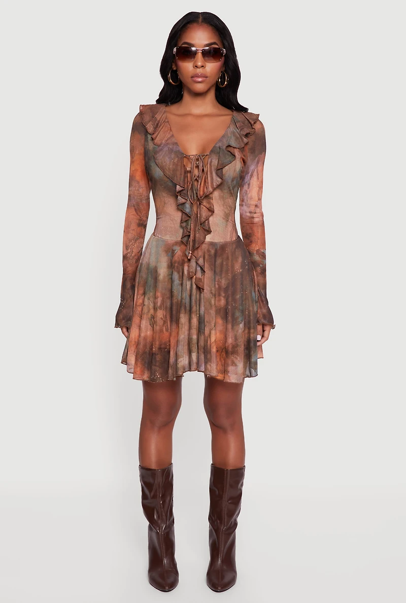 Womens Printed Pattern Lace Up Ruffle Detail Mesh Dress, Brown, Size M